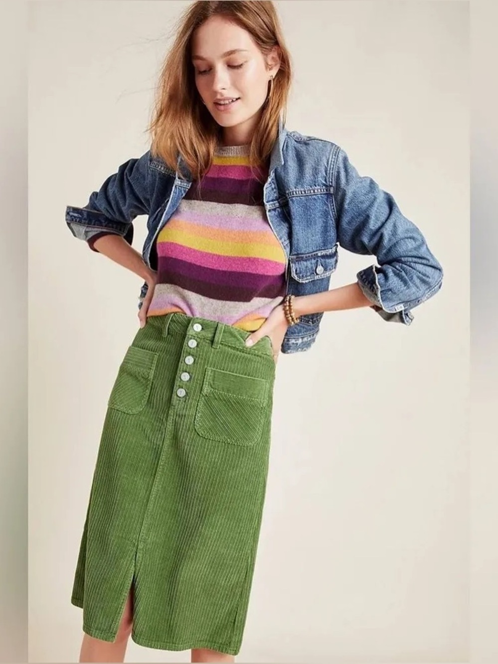 Pilcro Corduroy Pencil Skirt Green Patch Pockets